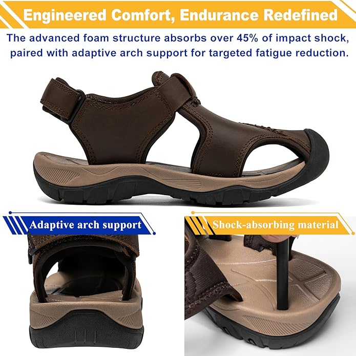 Men's Sport Sandals Closed Toe Leather Hiking Athletic Walking Outdoor Beach Trail River Fishing Water Shoes Lightweight Comfortable Waterproof