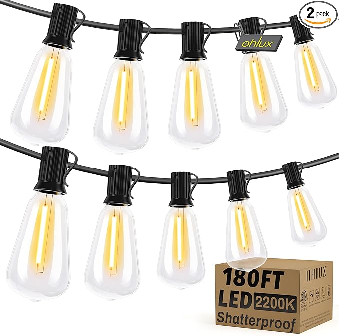 OHLUX Exterior Hanging Lights,180FT Connectable Outside Patio Lights with 94 Shatterproof ST38 LED Vintage Bulbs,2200K Connectable & Waterproof for Deck Porch Bistro Gazebos Balcony Pool(120FT+60FT)