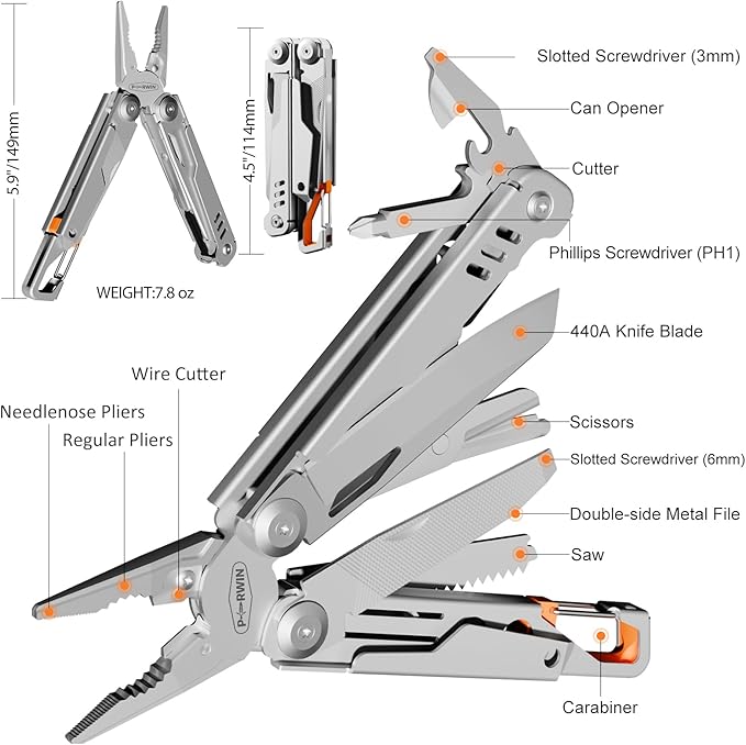 Multitool Stainless Steel Multi-Tool Pliers 13-in-1 with Sheath, Safe Locking, Carabiner, Professional Pocket Tools for Fishing & Camping