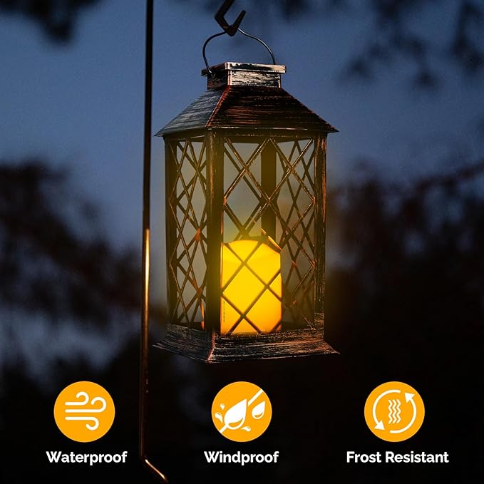 13'' Outdoor Solar Hanging Lantern Lights, Waterproof Flickering Flameless Candle Hollowed-Out Metal Decor Lantern, Garden Decoration for Patio Yard, Gifts for Mom, Brown