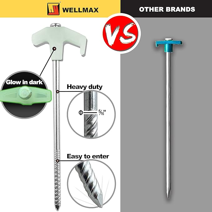 Wellmax 10PC Tent Stakes Heavy Duty with 2 Pack Glow in Dark Polypropylene Rope 3/16" x50ft and 1/4" x50ft