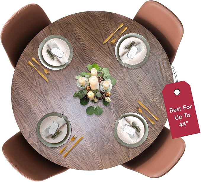 Violet Linen Woodgrain Elastic Round Table Cover, Small, Oak Wood