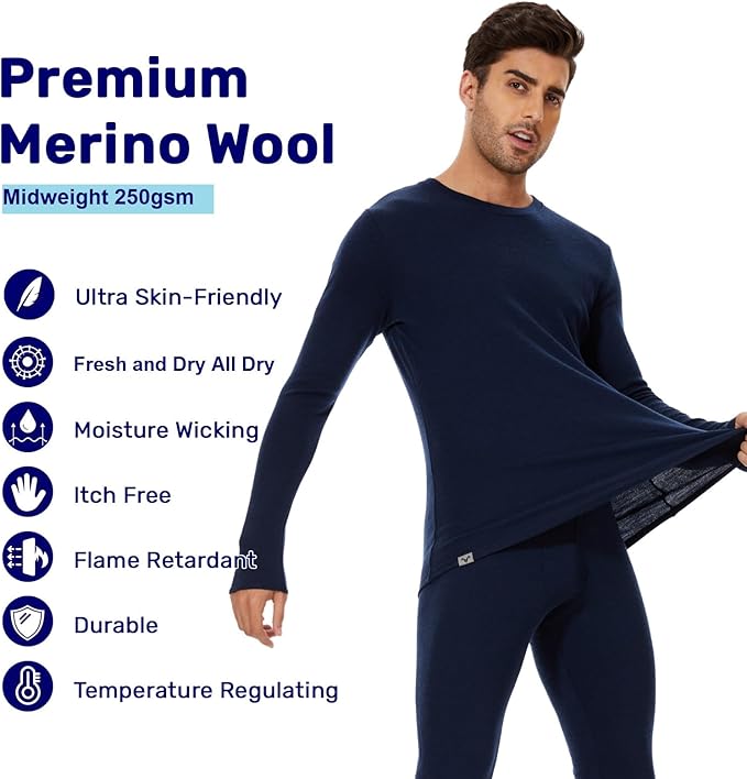 MERINNOVATION Merino Wool Base Layer Set for Men 100% Merino Wool Thermal Underwear Long Sleeve