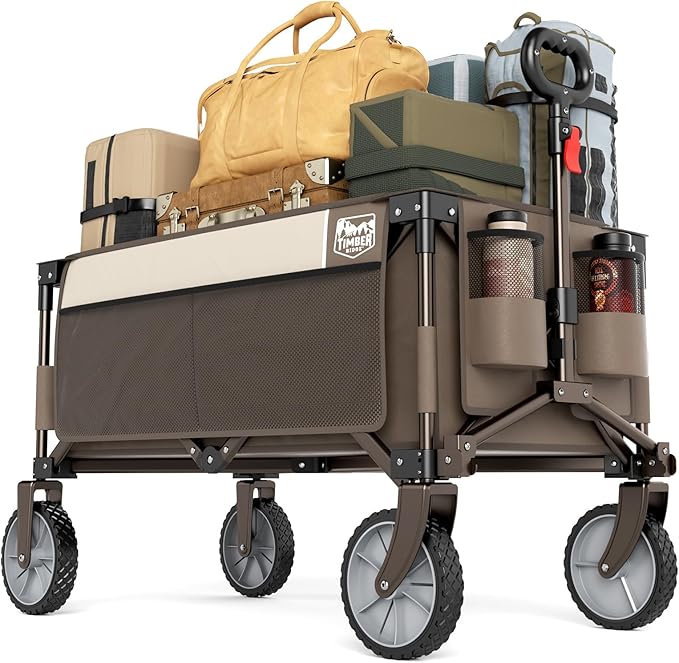 TIMBER RIDGE Collapsible Outdoor Folding Wagon Cart Heavy Duty Camping Patio Shopping Garden Cart with Side Bag Cup Holder, Tan
