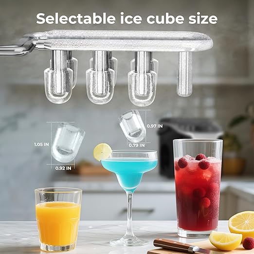 Countertop Ice Maker – 8 Bullet Ice in 6 Mins, 26.5lbs/24Hrs – Self-Cleaning Portable Machine with Adjustable Ice Size & Digital Touch Control Home/Office/Bar
