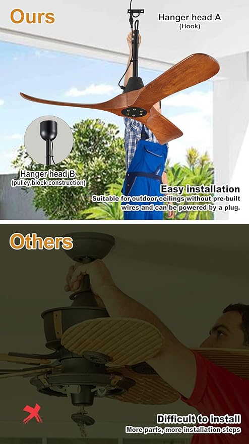 3 Blades Wood Outdoor Ceiling Fan for Patios, Farmhouse Rustic Ceiling Fans, 42" Plug-in Wet Rated Outdoor Gazebo Fan for Exterior House Porch Patio, Waterproof,F246