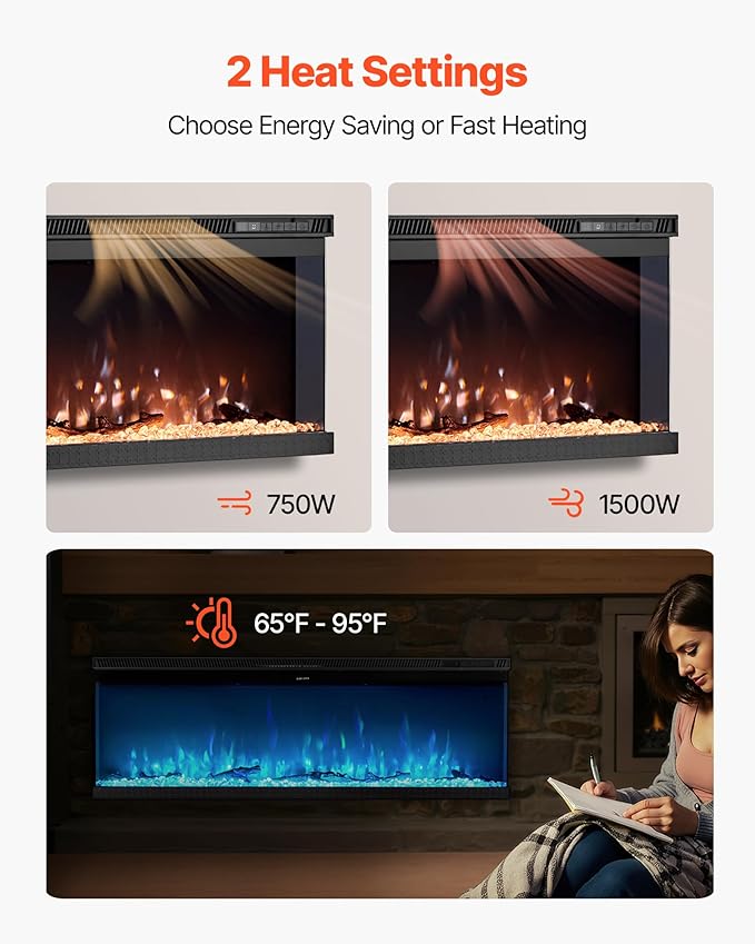 VEVOR 60 inch Electric Fireplace, Three-Sided Glass Wall Mounted Recessed Fire Place with Remote Control, Timer, 1500W, Adjustable Flame Color Brightness,Overheat Protection, for Living Room,Bedroom