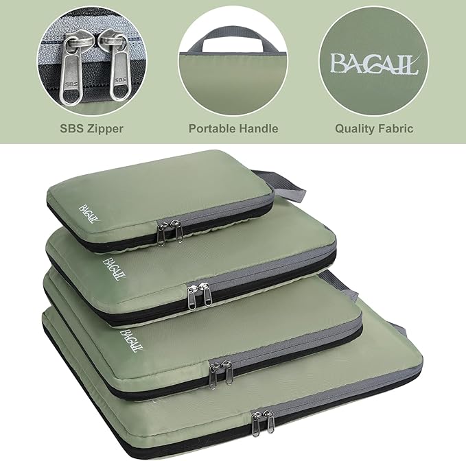 BAGAIL 4 Set/6 Set/8 Set Compression Packing Cubes Travel Accessories Expandable Packing Organizers (Cloth Pattern, 4-Matcha Green)