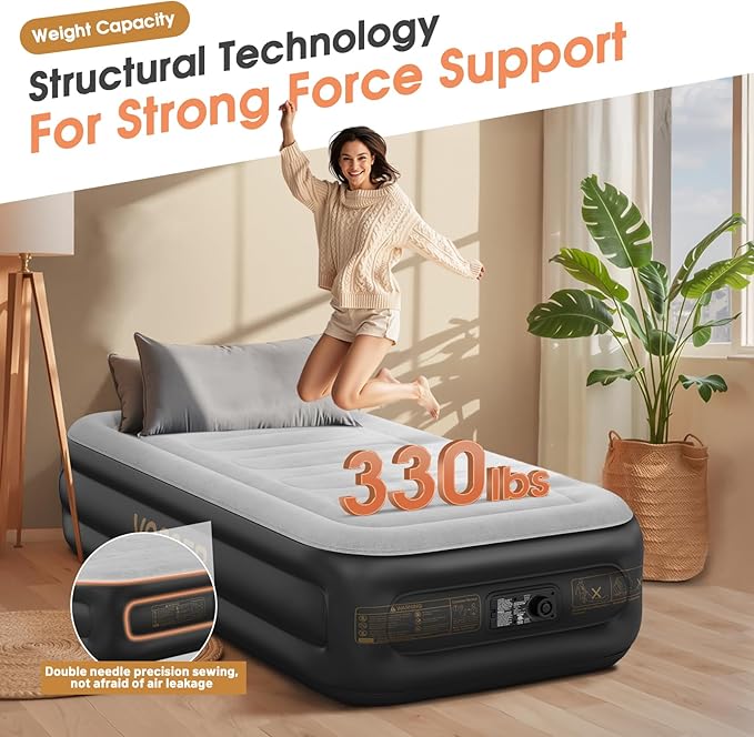 Twin Air Mattress with Built in Pump,18''Inflatable Mattress 2 Mins Self-Inflation/Deflation,XL-Long Blow up Mattress Thicker,Flocked Top Air Bed with Storage Bag for Home, Camping & Guests