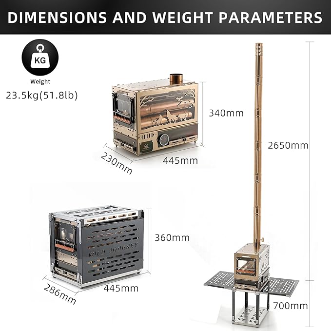 M8 Wood Burning Stove with Oven & Folding Camping Table, Stainless Steel Portable Hot Tent Stove, Including 6 Chimney Pipes, for Camping, Tents, Cooking and Travel Rose Gold
