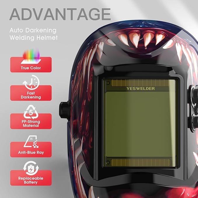 YESWELDER Large View Auto Darkening Welding Helmet, Blue Light Blocking, 1/1/1/1 True Color Solar Powered Welder Hood Mask with 4 Arc Sensors, Wide Shade 3/5-9/9-13 for TIG MIG ARC Cut and Grind