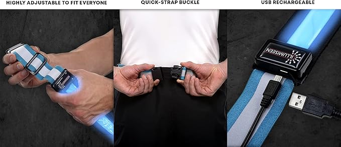 ILLUMISEEN LED Reflective Belt Sash | High Visibility LED Lights with 2 Lighting Modes | Adjustable Quick Release Buckle | USB Rechargeable, No Batteries Needed | Weatherproof Professional Safety Gear