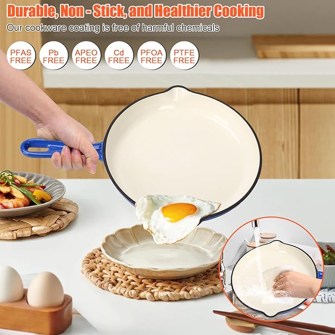 Nonstick Enameled Cast Iron Cookware Set, 7-Pcs Pots and Pans with Lid, Skillet, Frying Pan, Saucepan & Dutch Oven for All Stovetops, PFA Free - Ideal for Sourdough Bread Baking, Cobalt Blue