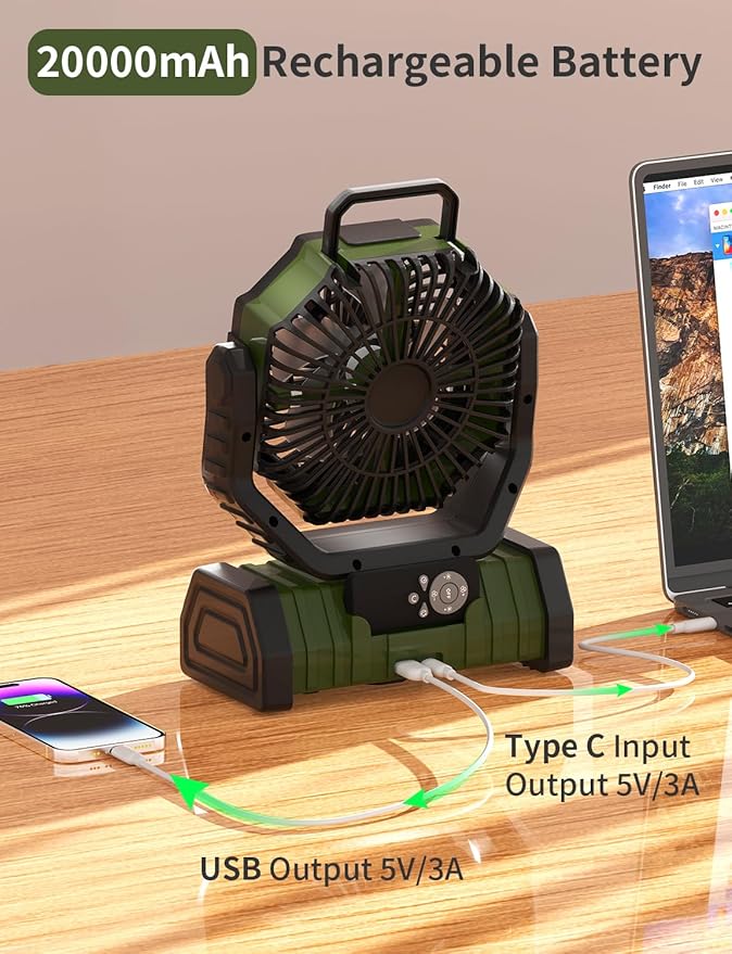 Battery Operated Fan Portable Camping Battery Powered Fan with LED Lantern Light 20000mAh Rechargeable, Oscillating, 360° Rotation Hanging Hook for Tent, Canopy, Beach, Outdoor(Green)