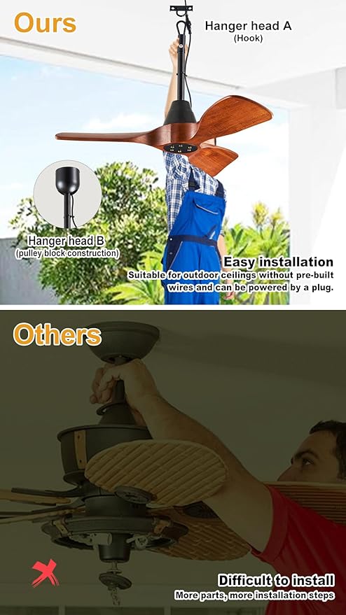 3 Blades Wood Outdoor Ceiling Fan for Patios, Farmhouse Rustic Ceiling Fans, 34" Plug-in Wet Rated Outdoor Gazebo Fan for Exterior House Porch Patio, Waterproof,F248