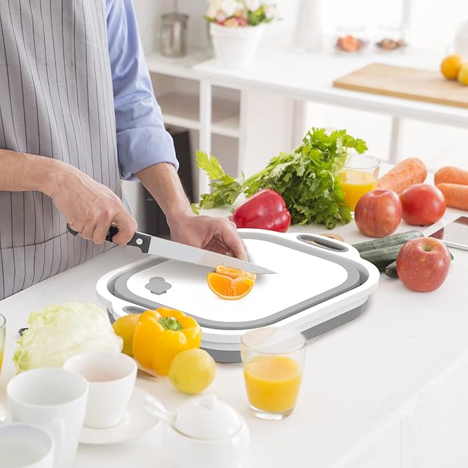 Collapsible Cutting Board,HI NINGER Camping cutting board with knife,Multifunctional Kitchen Vegetable Washing Basket Silicone Dish Tub for Camping Kitchen essentials/bbq prep tub/rv accessories