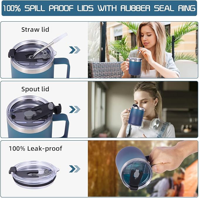 Volhoply 12oz Insulated Leakproof Coffee Mug with Flip & Straw Lid Bulk 2 Pack,Double Wall Vacuum Stainless Steel Travel Tumbler Cup with Handle,Camping Mugs Keep Cold/Hot(Dark Night,2 Set)