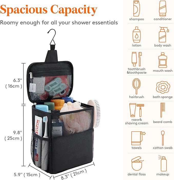 Lifewit Mesh Shower Caddy Bag Portable College Dorm Room Essentials Caddy Tote Basket for Bathroom, Gym, Travel, Camping Quick Dry Hanging Shower Organizer Toiletry Bag for Women Wen, Medium, Black