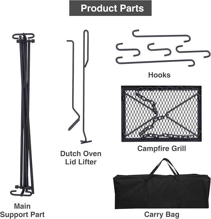 Lineslife Grill Swing Hanging Campfire Cooking Stand with Adjustable Iron Grill Grate, Collapsible Campfire Cooking Rack with Hooks and Accessories for BBQ Picnic, Outdoor Camping Cookware, Dutch Oven