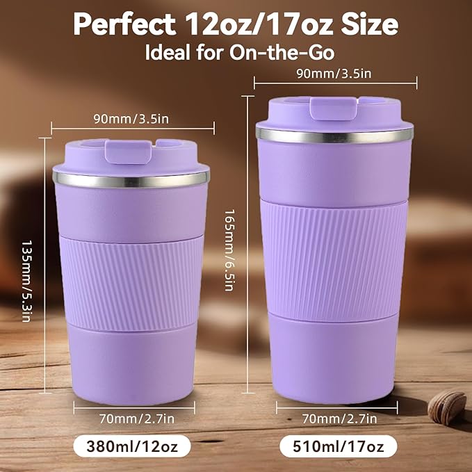17OZ Travel Coffee Mug Insulated Coffee Cup with Spill Leak Proof Lid, Portable Stainless Steel Tumbler Reusable Hot and Cold Water Mug for Car, Daily, Camping- Purple