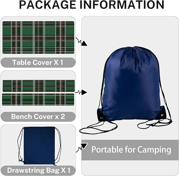 CAPSCEOLL Fitted Picnic Table Cover with Bench Covers with Elastic 8Ft Waterproof Picnic Table Cloths Windproof Outdoor Camping Tablecloth with Drawstring Bag, 96X30in, Christmas Green Buffalo Plaid