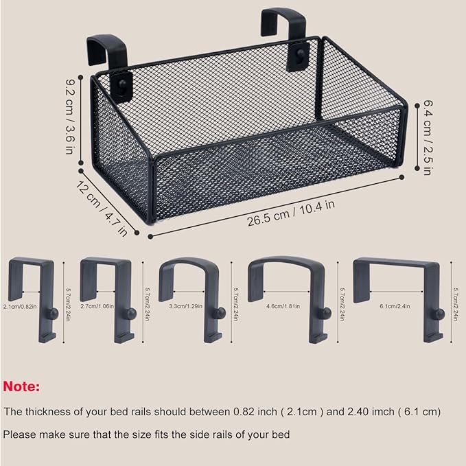 Bedside Shelf Bunk Bed Organizer Shelf Hanging Storage Metal Basket Phone Holder for Bedroom,Dorm,Office - Easy Use for Both Adult and Kids (Black)