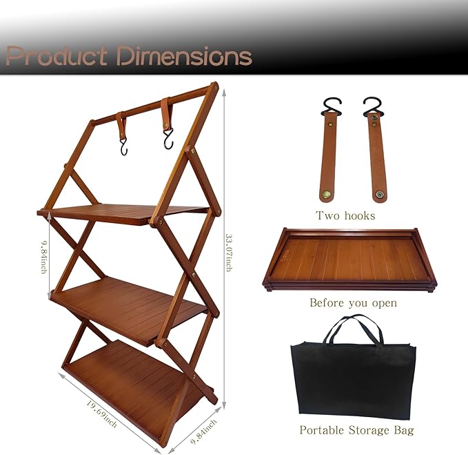 Foldable Bamboo Shelf, Folding Shoe Rack, Flower Rack, Camping Rack, No Installation Required, Portable, Space Saving, Multi-Purpose Storage Rack (Walnut, 3 Tiers with Boom)