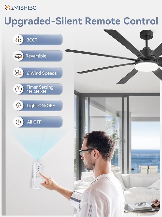 72 Inch Large Ceiling Fan with Remote, Indoor/Outdoor Industrial Ceiling Fan with Large LED Panel, Quiet Reversible DC Motor, 6-Speed, 3CCT, Black Ceiling Fans with Light for Patio, Livingroom, Garage