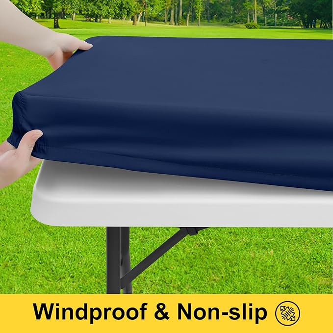 Smiry Picnic Table Cover with Bench Covers, Waterproof Elastic Fitted Polyester Tablecloths for 8 Ft Rectangle Tables, Washable Windproof Tablecloth for Camping, RV & Outdoor (Navy, 30x96 Inches)