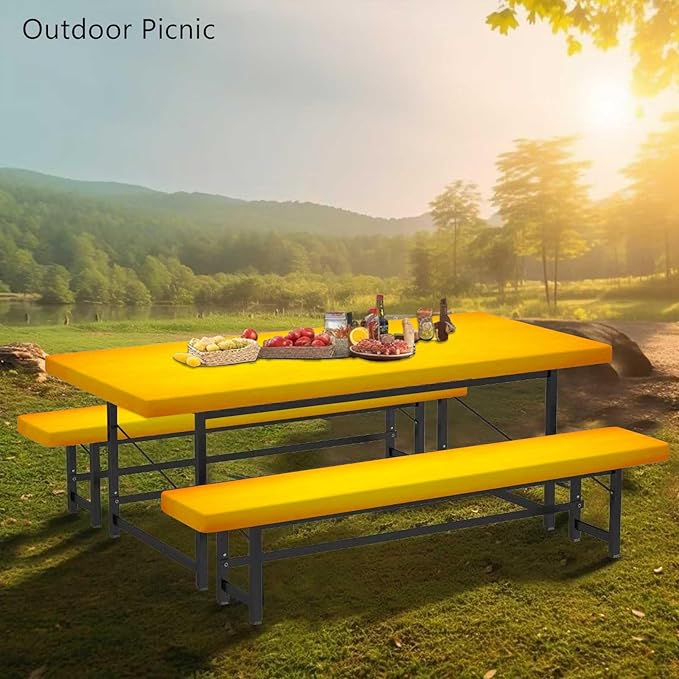 CAPSCEOLL Fitted Picnic Table Cover with Bench Covers with Elastic 6Ft Waterproof Camping Picnic Table Cover Cloths for Outdoors Camping Tablecloth with Drawstring Bag, 72X30in, Fall Yellow