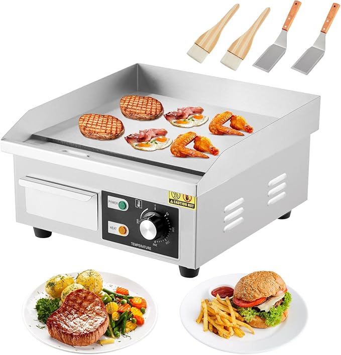 GarveeHome 14 In Commercial Electric Griddle,110V 1500W Electric Restaurant Teppanyaki Flat Top Grill with Shovels & Brushes, Non-Stick Countertop Griddle, Adjustable Temperature Control 122°F-572°F
