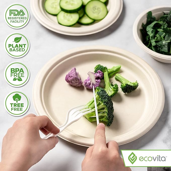 100% Compostable Forks - 140 Large Disposable Utensils (7 in.) Eco Friendly Durable and Heat Resistant Alternative to Plastic Forks with Convenient Tray by Ecovita
