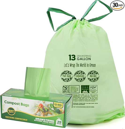 10-13 Gallon Compostable Trash Bags with Drawstring, Heavy Duty Extra Thick 1 Mil, 49.21 Liter, Tear Resistant & Odorless Kitchen Food Scrap Waste Bag, US BPI and OK Compost Home Certified (30 Count)
