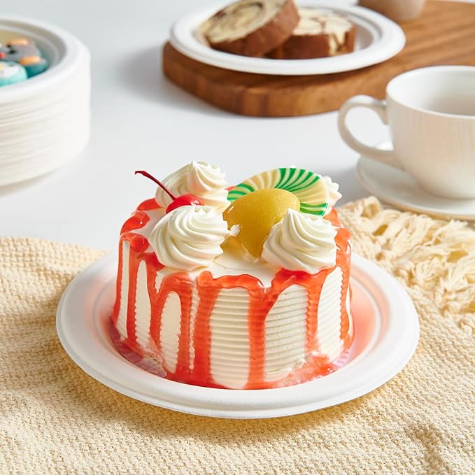 ECOLipak 6.85 Inch Compostable Dessert Paper Plates, 150 Pack Disposable Biodegradable Heavy Duty Eco-friendly Sugarcane Bagasse Halloween Plates for Party