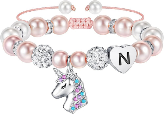 Hidepoo Unicorn Bracelet Gifts for Girls - Adjustable Pink Pearl and Rhinestone Balls Heart Initial Unicorn Bracelets Jewelry CZ Unicorn Bracelet Birthday Gifts for Girls