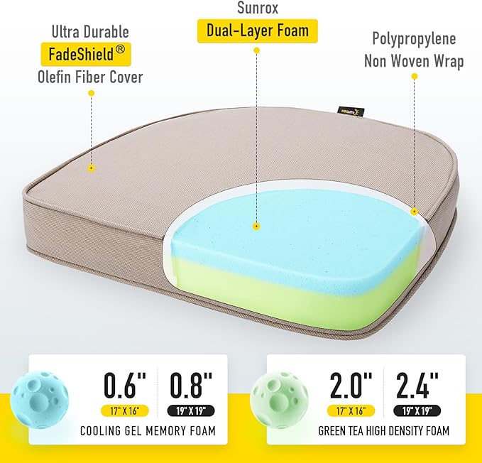 SUNROX Gel Memory Foam Chair Cushions, FadeShield Water-, Stain-Resistant Durable Reversible Seat Cushion Pads with Ties for Indoor/Outdoor Kitchen Dining Office 17"x16" Set of 2, Husk Birch