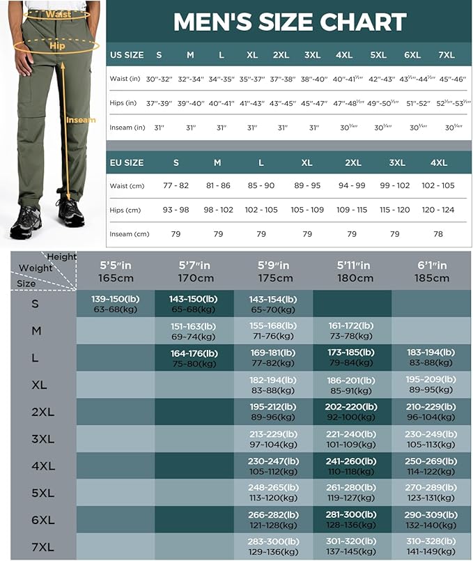 Wespornow Men's-Convertible-Hiking-Pants Quick Dry Lightweight Zip Off Breathable Cargo Pants for Outdoor, Fishing, Safari