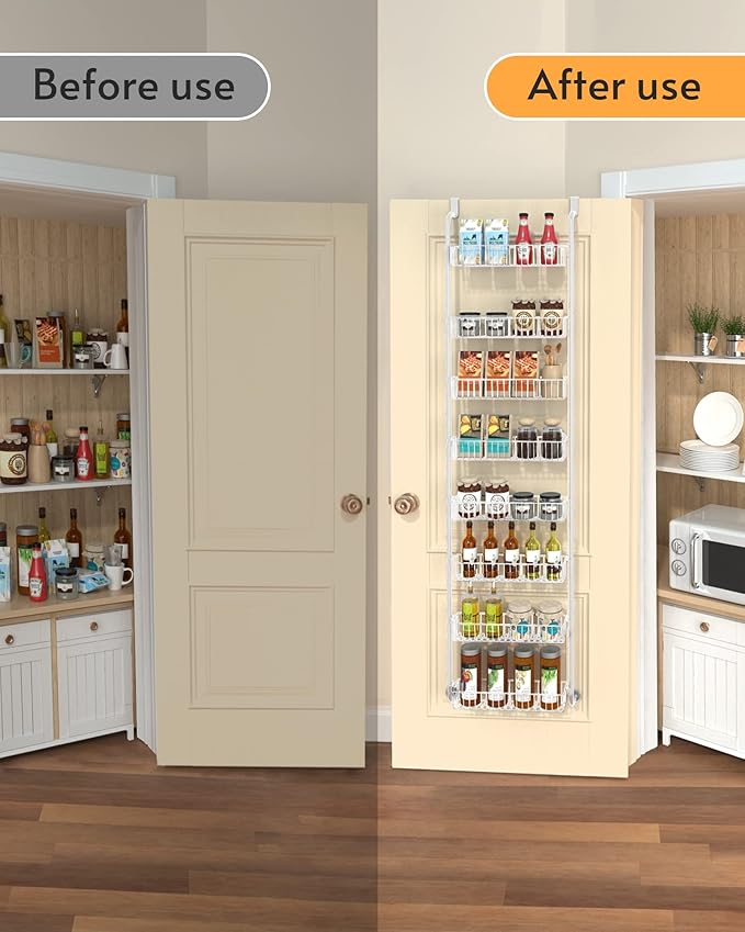 TIMEBAL 8 Tier Over the Door Pantry Organizer, and Storage Rack with 8 Full Baskets, Metal Hanging & Wall Mounted Kitchen Storage Spice Rack, Bathroom Over Door Organizer-White