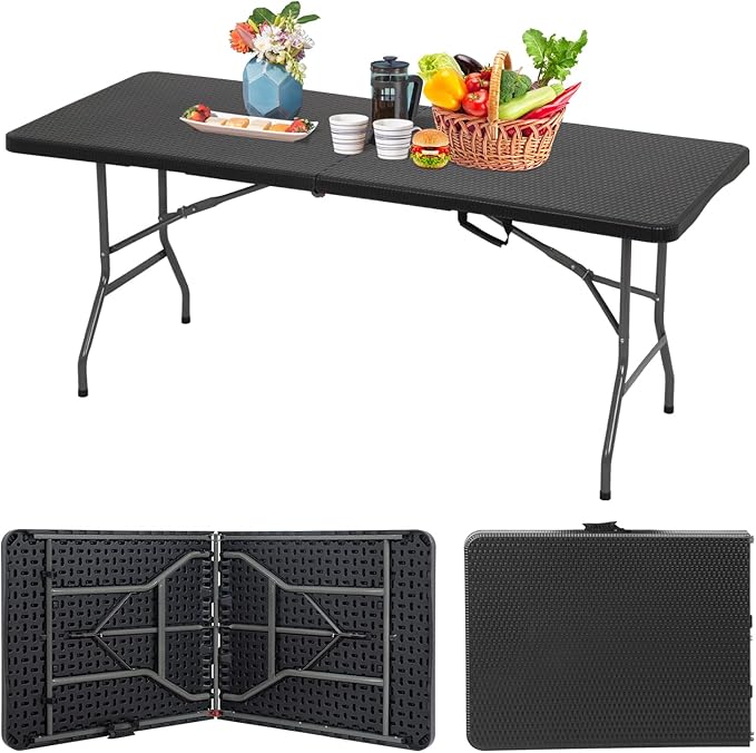 PayLessHere Folding Tables Plastic 6ft Folding Table Half Portable Foldable Table for for Parties Wedding BBQ Camping,Garden, Party, Black Ratten 6FT