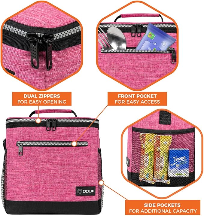 opux Extra Large Insulated Lunch Box Men Women, Lunch Bag for Work, Leakproof Soft Cooler Tote Adult, Lunch Pail, Picnic Beach Collapsible Food Bag with Shoulder Strap, Pink