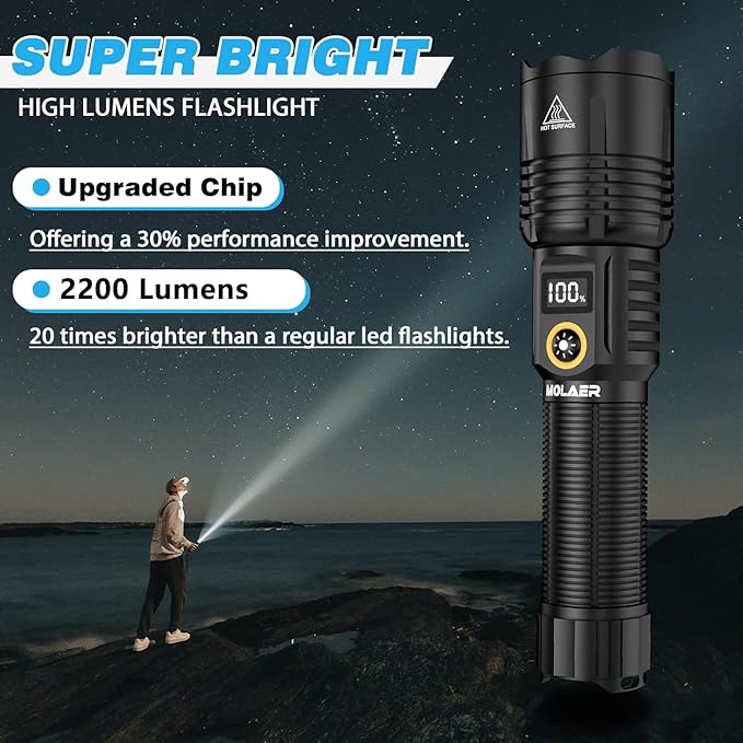 Rechargeable Flashlights 2200 High Lumens, Super Bright LED Flashlight with Zoomable, 6 Modes, IPX6 Waterproof, Powerful Tactical Handheld Flash Light for Camping, Hiking, Emergencies