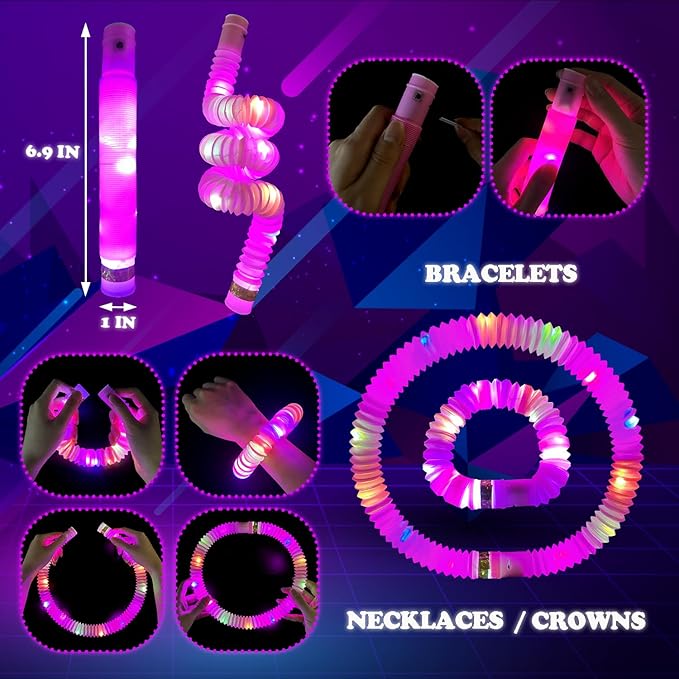 Pink Glow Sticks Party Favors for Kids 24 PCS,LED Light up Pop Tubes for Toddlers, Neon Necklaces Bracelets Accessories, Glow Birthday Wedding Dance Party Supplies Camping Toys Decorations