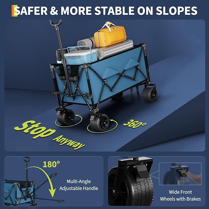 Heavy Duty Foldable Wagon for Beach, Extra Large Collapsible Foldable Wagon for Camping, All Terrain Beach Wagons Extended with Cup Holders for Sand