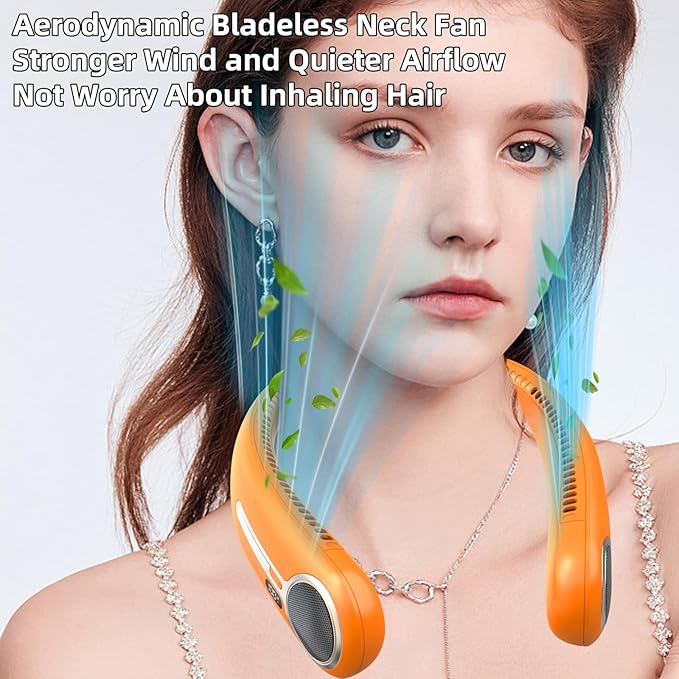 Portable Neck Fan,Gift Ideas,Personal Wearable Bladeless Fan,360° Cooling,LED Display,4-Speeds,6000mAh Rechargeable,Powerful Wind,Outdoor Travel Camping,Birthday Gifts for Men Women Dad Mom (Orange)