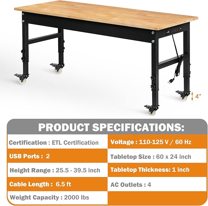 60" Adjustable Workbench for Garage, Rubber Wood Heavy Duty Workstation with Power Outlets & Wheels, 2000 LBS Load Capacity Hardwood Worktable for Workshop, Garage, Office, Home, Commercial