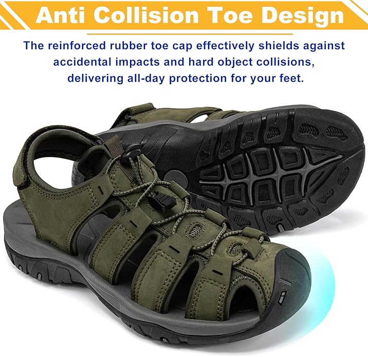 Men's Sport Sandals Closed Toe Leather Hiking Athletic Walking Outdoor Beach Trail River Fishing Water Shoes Lightweight Comfortable Waterproof