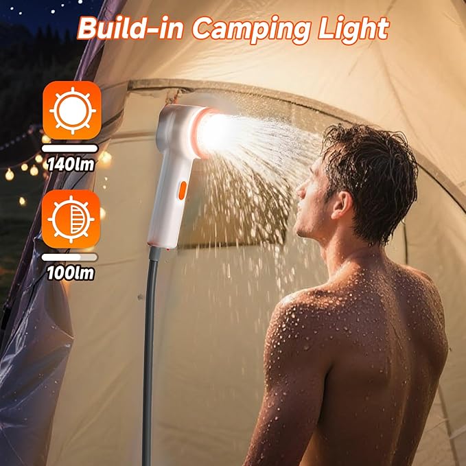 Rocalt Portable Camping Shower with Filtration, Handheld Electric Shower with LED Light and USB-C, Integrated Design of Water Pump, IPX6 Waterproof Outdoor Shower for Hiking, Pet Cleaning, Travel, Car