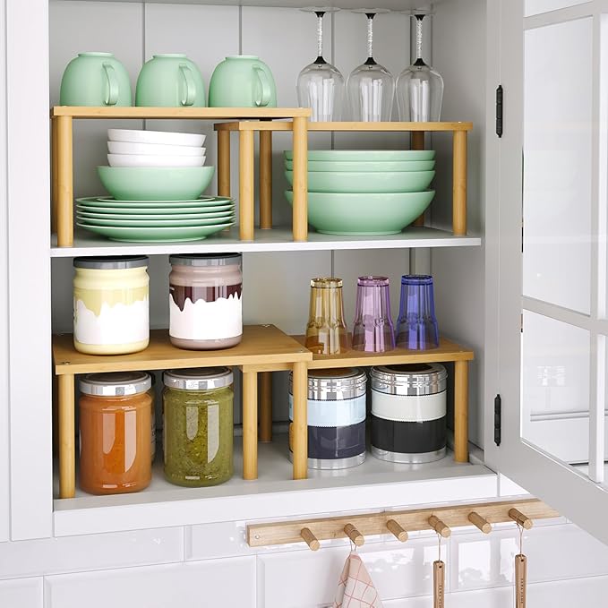 Cabinet Organizer Shelf(Set of 2),Kitchen Counter Shelves,Bamboo Stackable Expandable Spice Rack Countertop(Medium)