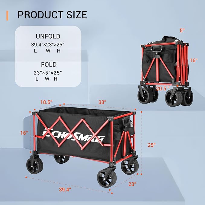 EchoSmile Collapsible Folding Wagon Cart 360lbs, Heavy Duty Garden Utility Cart with All Terrain Wheels, Large Capacity Outdoor Wagon for Camping, Beach, Shopping, Picnic (Black Red)