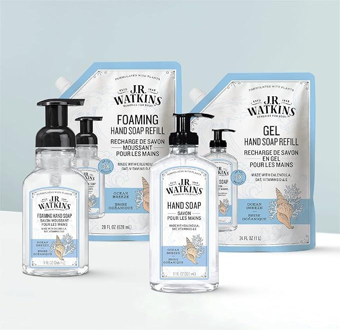 J.R. Watkins Foaming Hand Soap with Pump Dispenser, Moisturizing Foam Hand Wash, All Natural, Alcohol-Free, Cruelty-Free, USA Made, Ocean Breeze, 9 fl oz, 3 Pack